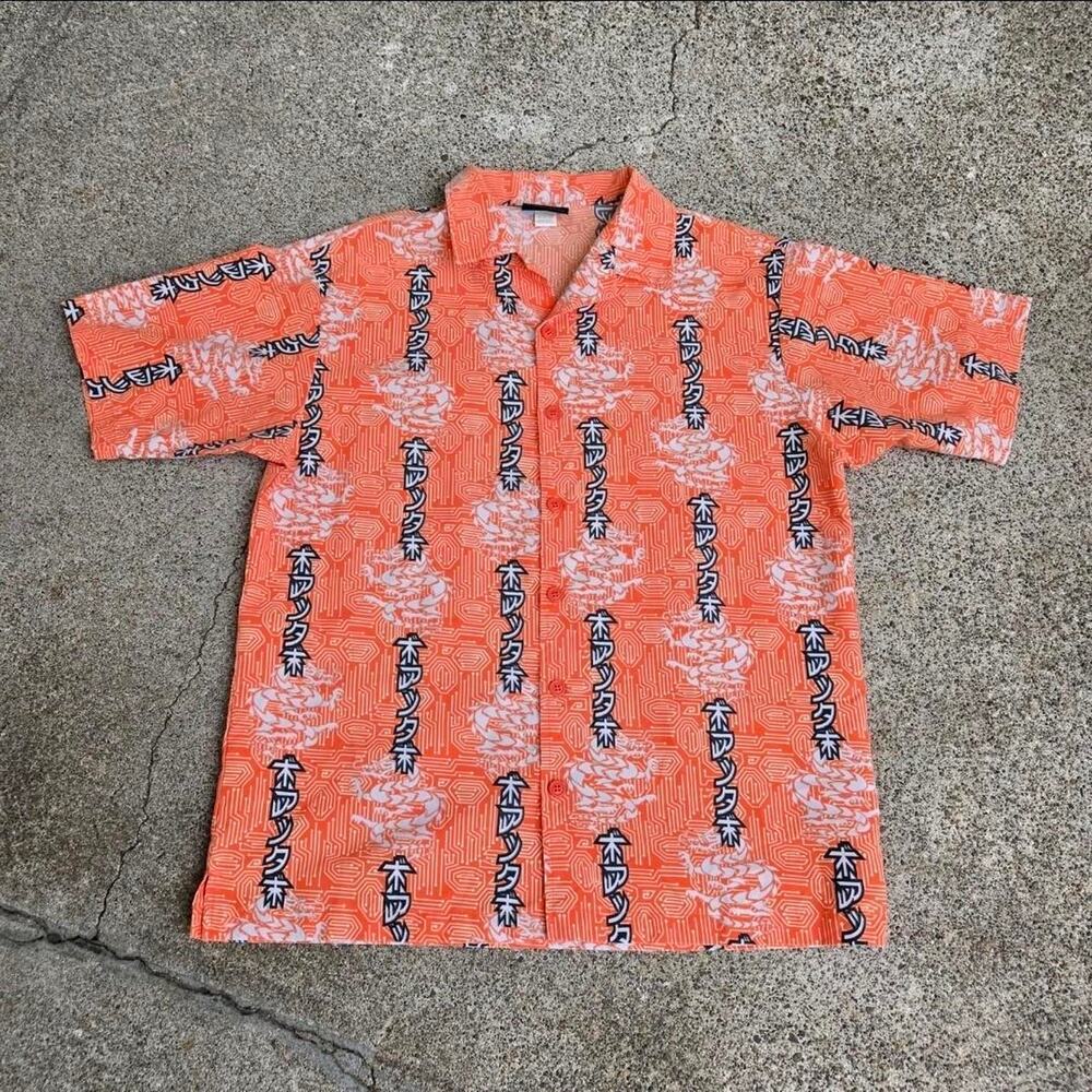 Vtg ANCHOR BLUE Dragon Fiber Wire Print Streetwear Skate Button Up Shirt Lg USA